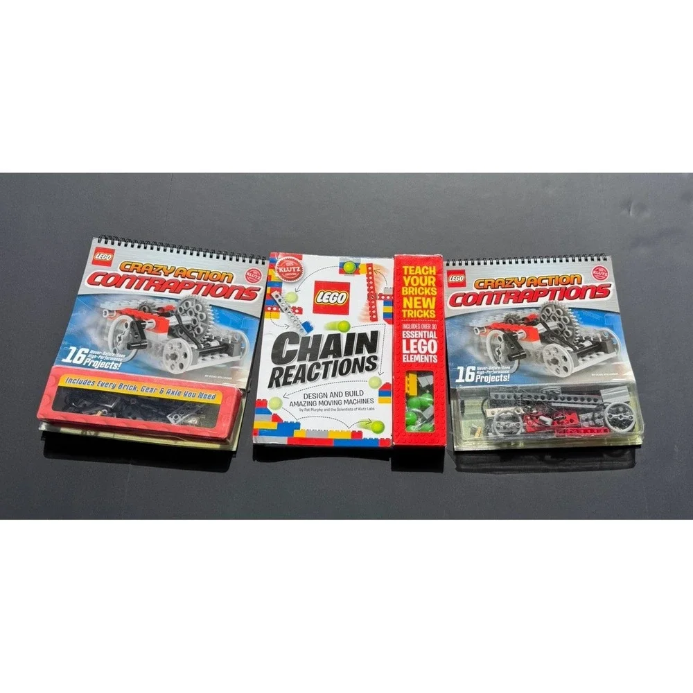 LEGO Klutz STEM Lot Chain Reactions + 2 Crazy Action Contraptions Books Kits